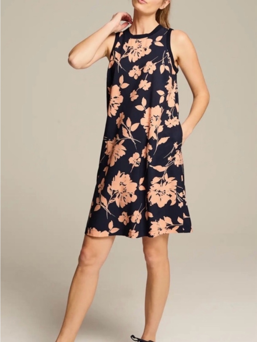 J. Jill Fit Navy Midi Dress with Peach Floral Print, Size M